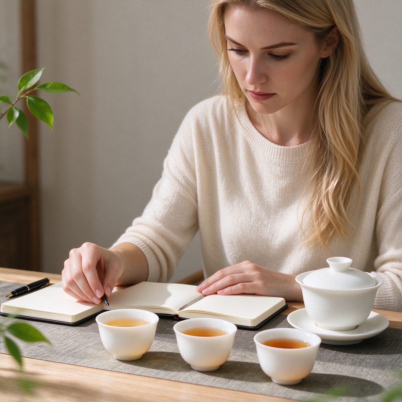 Tea enthusiast recording a session beside white porcelain cups